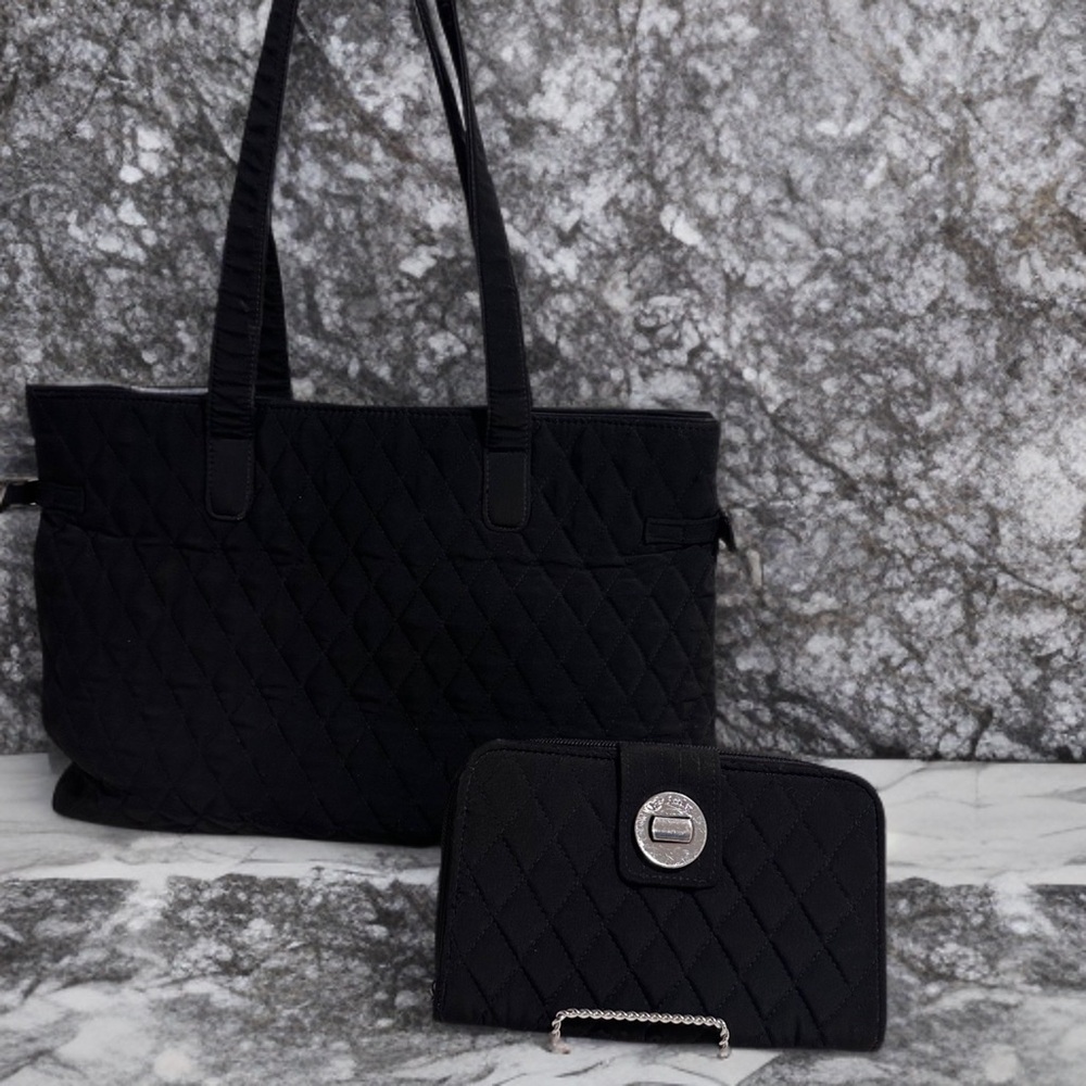 Vera Bradley Large Quilted Work Tote & Turn-lock Wallet Set Black on Black GUC